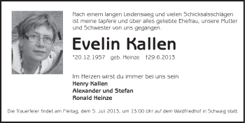 Traueranzeige von Evelin Kallen von Pegnitz-Zeitung